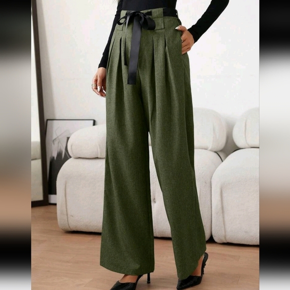 Women's Casual Colorblock Waist Band Pleated Wide-Leg Loose Pants,Autumn - Picture 3 of 5